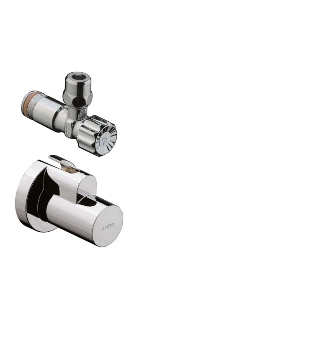 Eckventil mit Schuberabgang in verchromter Ausführung, gefertigt von Hansgrohe, zur Installation in Sanitäranlagen.